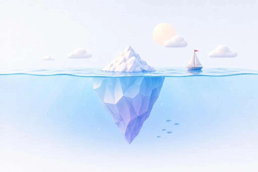 Un iceberg muestra una pequeña parte visible sobre el agua y una enorme estructura estratégica bajo la superficie.